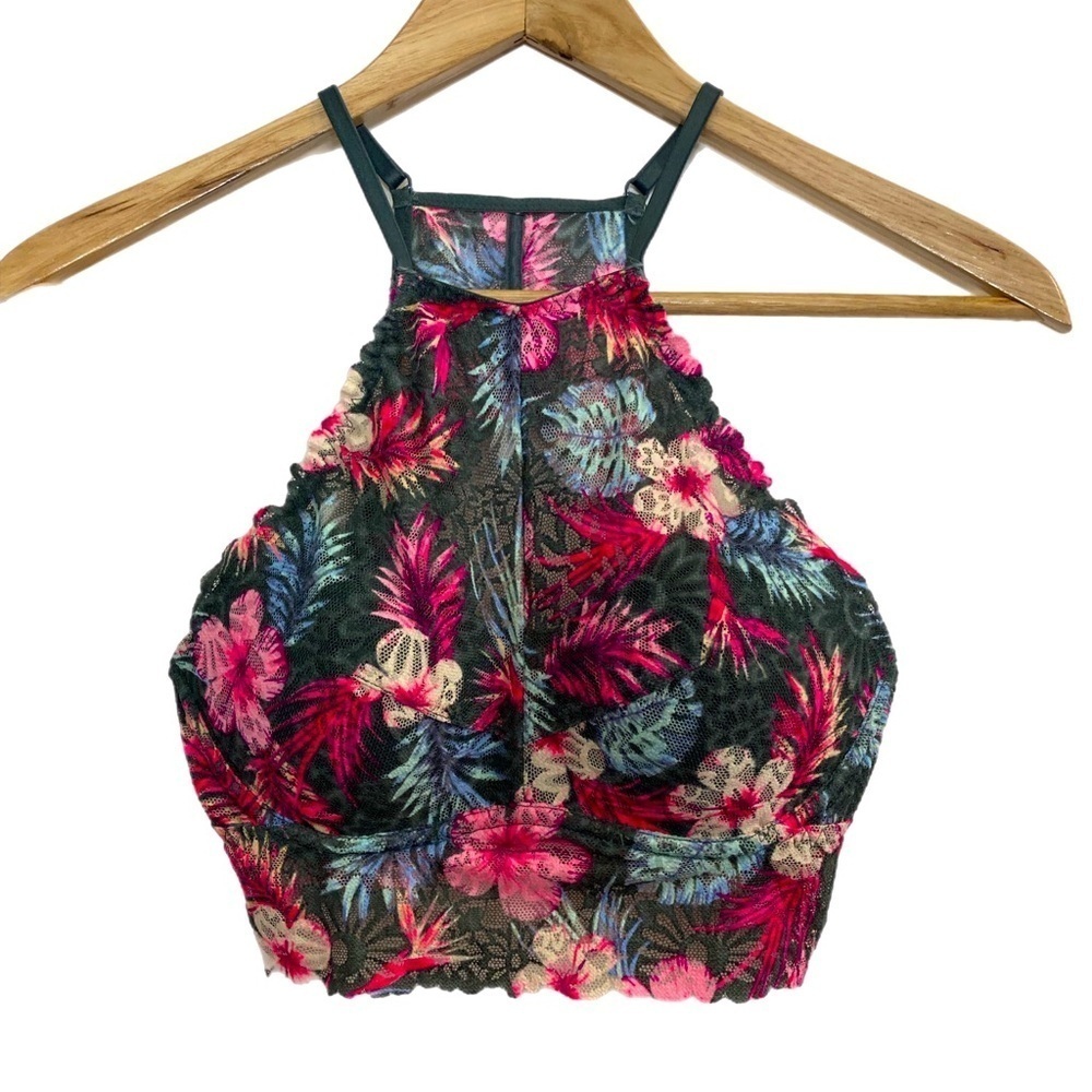 VS Pink green & pink hibiscus floral racer back bra